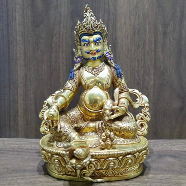 24K gold plated Dzambhala (Jambhala) statue, 22cm tall, handcrafted Buddhist wealth deity with intricate detailing, blue facial highlights, and ornate lotus pedestal base.