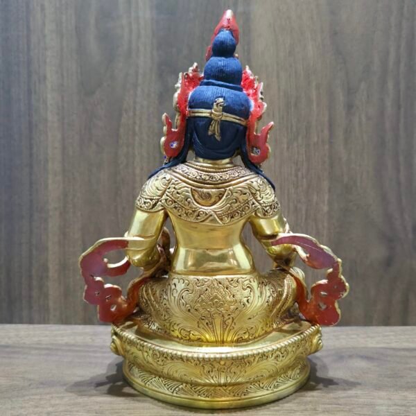 24K gold plated Dzambhala (Jambhala) statue, 22cm tall, handcrafted Buddhist wealth deity with intricate detailing, blue facial highlights, and ornate lotus pedestal base.