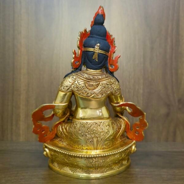 24K gold plated Dzambhala (Jambhala) statue, 22cm tall, handcrafted Buddhist wealth deity with intricate detailing, blue facial highlights, and ornate lotus pedestal base.