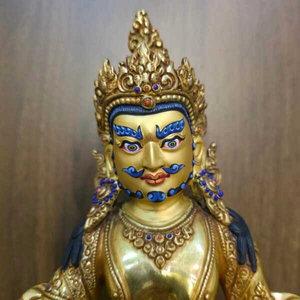 24K gold plated Dzambhala (Jambhala) statue, 22cm tall, handcrafted Buddhist wealth deity with intricate detailing, blue facial highlights, and ornate lotus pedestal base.