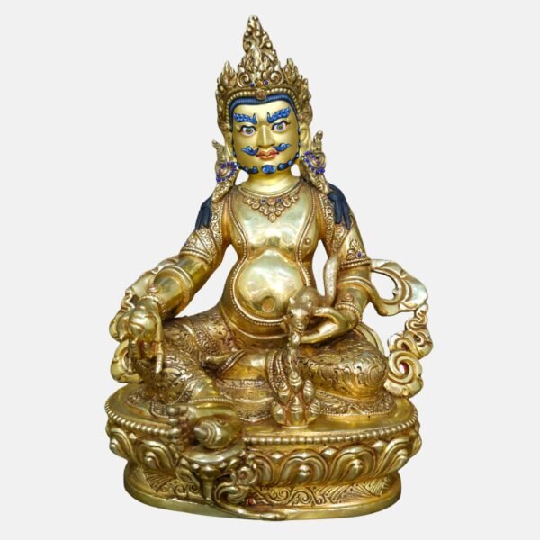 24K gold plated Dzambhala (Jambhala) statue, 22cm tall, handcrafted Buddhist wealth deity with intricate detailing, blue facial highlights, and ornate lotus pedestal base.