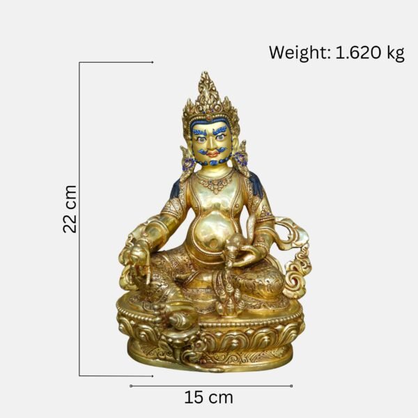 24K gold plated Dzambhala (Jambhala) statue, 22cm tall, handcrafted Buddhist wealth deity with intricate detailing, blue facial highlights, and ornate lotus pedestal base.