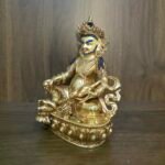 24K gold-plated Dzambhala (Jambhala/Zambala) statue, 17 cm tall, 13 cm base, 1.10 kg — handcrafted Buddhist wealth deity with blue facial highlights on an ornate lotus pedestal.