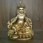 24K gold-plated Dzambhala (Jambhala/Zambala) statue, 17 cm tall, 13 cm base, 1.10 kg — handcrafted Buddhist wealth deity with blue facial highlights on an ornate lotus pedestal.