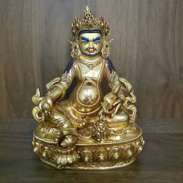 24K gold-plated Dzambhala (Jambhala/Zambala) statue, 17 cm tall, 13 cm base, 1.10 kg — handcrafted Buddhist wealth deity with blue facial highlights on an ornate lotus pedestal.