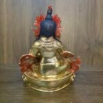 24K gold-plated Dzambhala (Jambhala/Zambala) statue, 17 cm tall, 13 cm base, 1.10 kg — handcrafted Buddhist wealth deity with blue facial highlights on an ornate lotus pedestal.