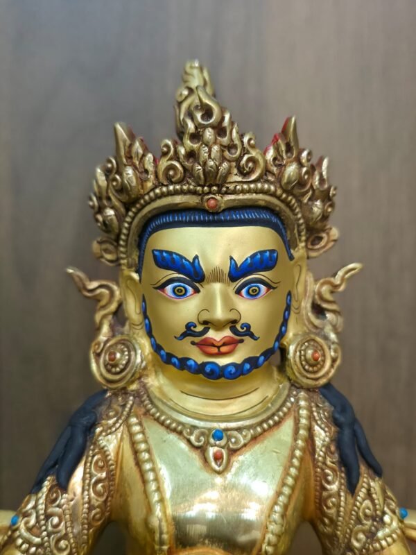 24K gold-plated Dzambhala (Jambhala/Zambala) statue, 17 cm tall, 13 cm base, 1.10 kg — handcrafted Buddhist wealth deity with blue facial highlights on an ornate lotus pedestal.