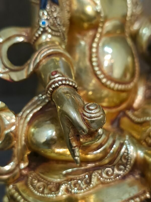 24K gold-plated Dzambhala (Jambhala/Zambala) statue, 17 cm tall, 13 cm base, 1.10 kg — handcrafted Buddhist wealth deity with blue facial highlights on an ornate lotus pedestal.