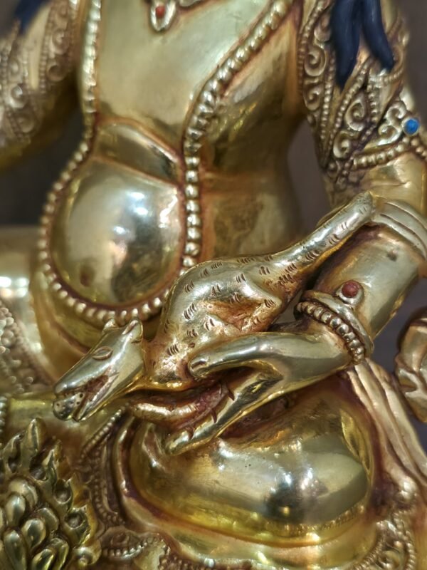 24K gold-plated Dzambhala (Jambhala/Zambala) statue, 17 cm tall, 13 cm base, 1.10 kg — handcrafted Buddhist wealth deity with blue facial highlights on an ornate lotus pedestal.