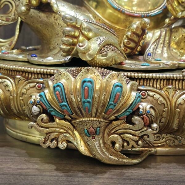 Dzambhala (Jambhala) statue—24K gold-plated copper, gold-powder painted face; 47×40 cm, ~14 kg; gemstone inlay with mongoose & wealth fruit.