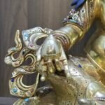 Dzambhala (Jambhala) statue—24K gold-plated copper, gold-powder painted face; 47×40 cm, ~14 kg; gemstone inlay with mongoose & wealth fruit.