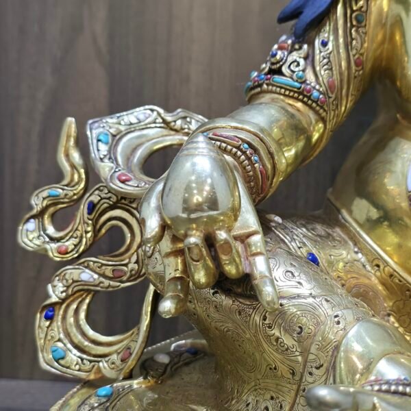 Dzambhala (Jambhala) statue—24K gold-plated copper, gold-powder painted face; 47×40 cm, ~14 kg; gemstone inlay with mongoose & wealth fruit.