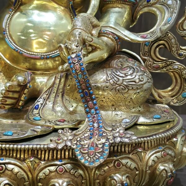 Dzambhala (Jambhala) statue—24K gold-plated copper, gold-powder painted face; 47×40 cm, ~14 kg; gemstone inlay with mongoose & wealth fruit.