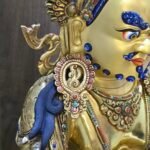 Dzambhala (Jambhala) statue—24K gold-plated copper, gold-powder painted face; 47×40 cm, ~14 kg; gemstone inlay with mongoose & wealth fruit.