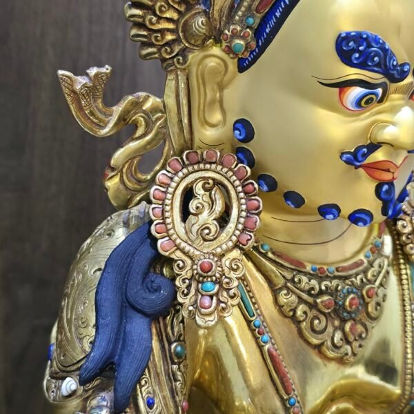 Dzambhala (Jambhala) statue—24K gold-plated copper, gold-powder painted face; 47×40 cm, ~14 kg; gemstone inlay with mongoose & wealth fruit.