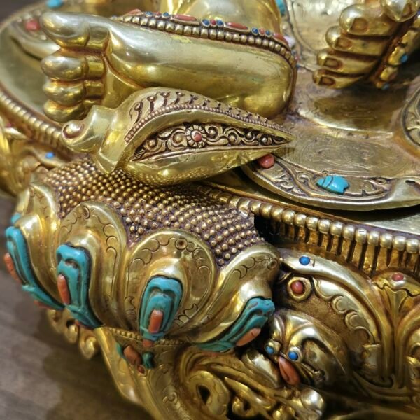Dzambhala (Jambhala) statue—24K gold-plated copper, gold-powder painted face; 47×40 cm, ~14 kg; gemstone inlay with mongoose & wealth fruit.