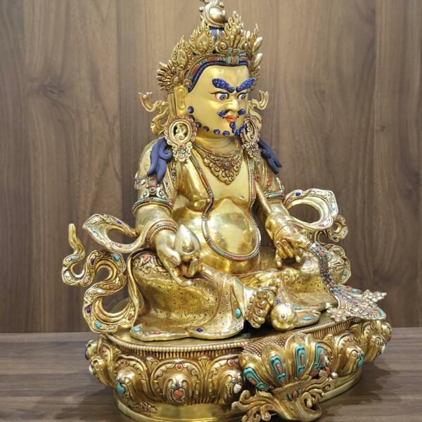 Dzambhala (Jambhala) statue—24K gold-plated copper, gold-powder painted face; 47×40 cm, ~14 kg; gemstone inlay with mongoose & wealth fruit.
