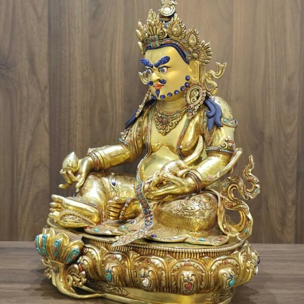 Dzambhala (Jambhala) statue—24K gold-plated copper, gold-powder painted face; 47×40 cm, ~14 kg; gemstone inlay with mongoose & wealth fruit.
