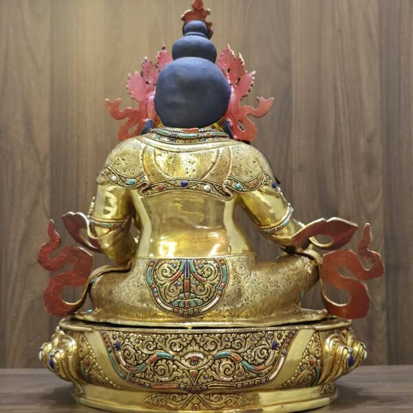 Dzambhala (Jambhala) statue—24K gold-plated copper, gold-powder painted face; 47×40 cm, ~14 kg; gemstone inlay with mongoose & wealth fruit.