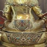 Dzambhala (Jambhala) statue—24K gold-plated copper, gold-powder painted face; 47×40 cm, ~14 kg; gemstone inlay with mongoose & wealth fruit.