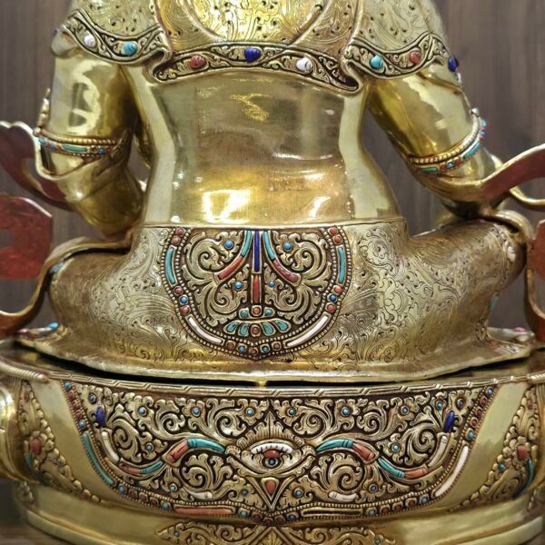 Dzambhala (Jambhala) statue—24K gold-plated copper, gold-powder painted face; 47×40 cm, ~14 kg; gemstone inlay with mongoose & wealth fruit.