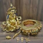 Dzambhala (Jambhala) statue—24K gold-plated copper, gold-powder painted face; 47×40 cm, ~14 kg; gemstone inlay with mongoose & wealth fruit.