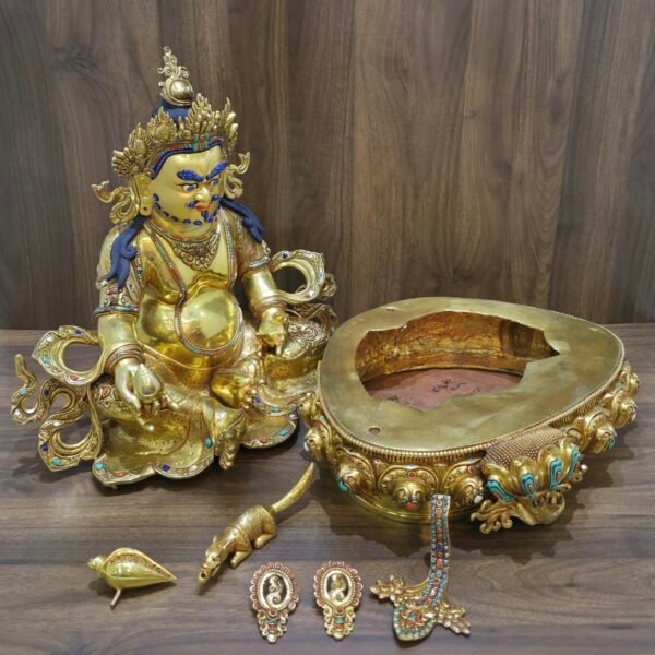 Dzambhala (Jambhala) statue—24K gold-plated copper, gold-powder painted face; 47×40 cm, ~14 kg; gemstone inlay with mongoose & wealth fruit.