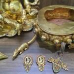 Dzambhala (Jambhala) statue—24K gold-plated copper, gold-powder painted face; 47×40 cm, ~14 kg; gemstone inlay with mongoose & wealth fruit.