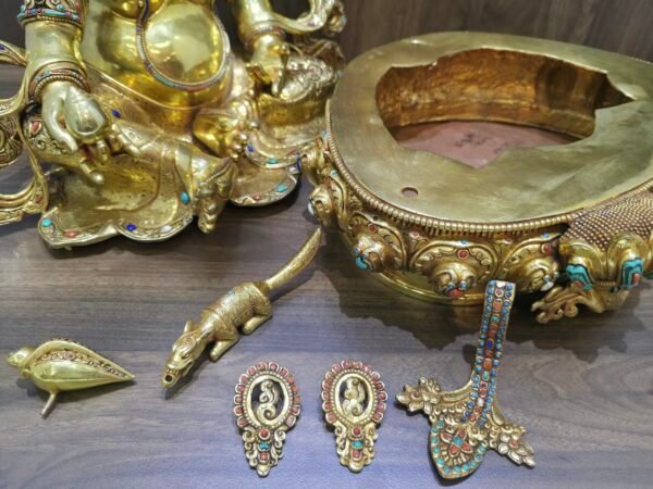 Dzambhala (Jambhala) statue—24K gold-plated copper, gold-powder painted face; 47×40 cm, ~14 kg; gemstone inlay with mongoose & wealth fruit.