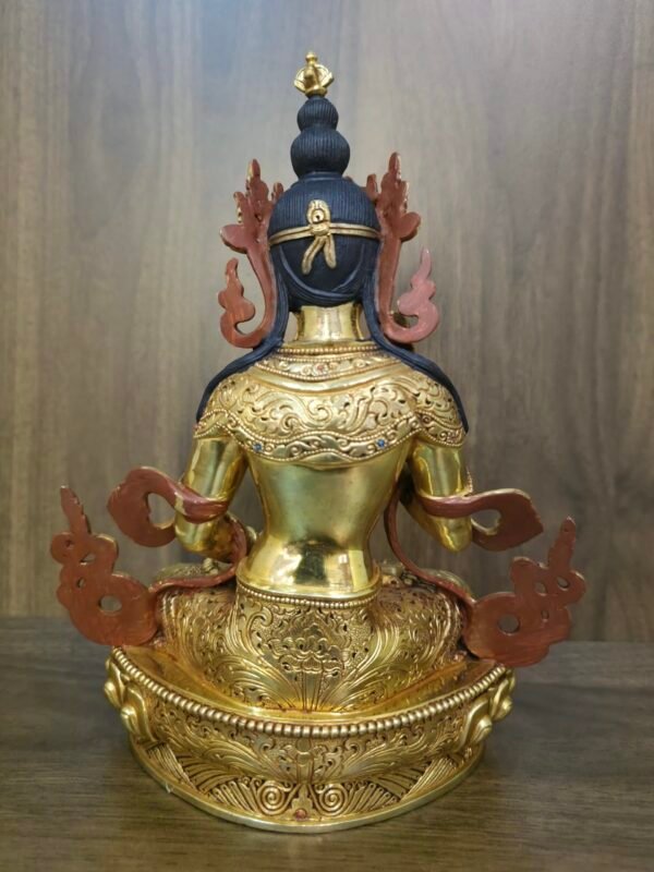 Vajrasattva (Dorje Sempa) statue—24K gold-plated copper with gold-powder painted face, holding vajra & bell; handmade in Nepal; size H24 × W17 cm; weight 1.62 kg.