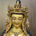 Vajrasattva (Dorje Sempa) statue—24K gold-plated copper with gold-powder painted face, holding vajra & bell; handmade in Nepal; size H24 × W17 cm; weight 1.62 kg.