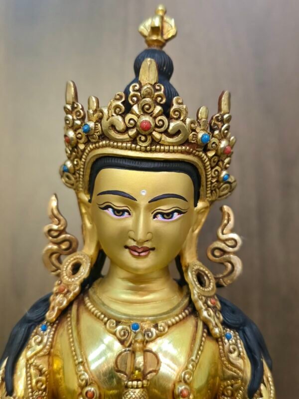 Vajrasattva (Dorje Sempa) statue—24K gold-plated copper with gold-powder painted face, holding vajra & bell; handmade in Nepal; size H24 × W17 cm; weight 1.62 kg.
