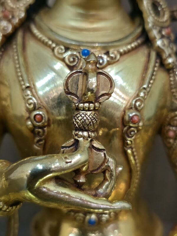 Vajrasattva (Dorje Sempa) statue—24K gold-plated copper with gold-powder painted face, holding vajra & bell; handmade in Nepal; size H24 × W17 cm; weight 1.62 kg.