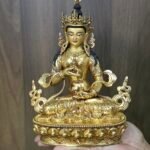 Vajrasattva (Dorje Sempa) statue—24K gold-plated copper with gold-powder painted face, holding vajra & bell; handmade in Nepal; size H24 × W17 cm; weight 1.62 kg.