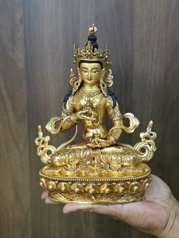 Vajrasattva (Dorje Sempa) statue—24K gold-plated copper with gold-powder painted face, holding vajra & bell; handmade in Nepal; size H24 × W17 cm; weight 1.62 kg.
