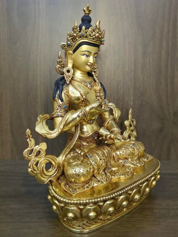 Vajrasattva (Dorje Sempa) statue—24K gold-plated copper with gold-powder painted face, holding vajra & bell; handmade in Nepal; size H24 × W17 cm; weight 1.62 kg.