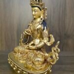 Vajrasattva (Dorje Sempa) statue—24K gold-plated copper with gold-powder painted face, holding vajra & bell; handmade in Nepal; size H24 × W17 cm; weight 1.62 kg.