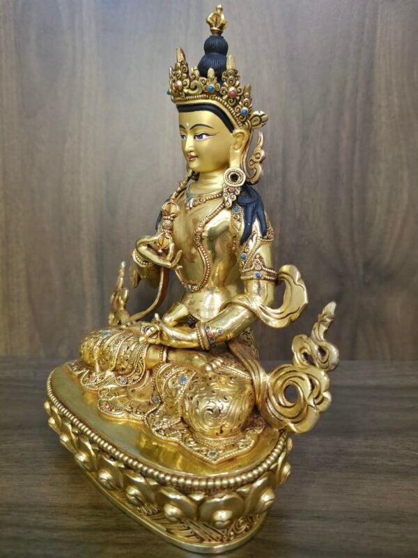 Vajrasattva (Dorje Sempa) statue—24K gold-plated copper with gold-powder painted face, holding vajra & bell; handmade in Nepal; size H24 × W17 cm; weight 1.62 kg.