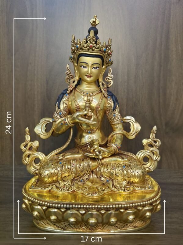 Vajrasattva (Dorje Sempa) statue—24K gold-plated copper with gold-powder painted face, holding vajra & bell; handmade in Nepal; size H24 × W17 cm; weight 1.62 kg.