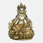 24K gold-plated Dzambhala (Jambhala/Zambala) statue, 17 cm tall, 13 cm base, 1.10 kg — handcrafted Buddhist wealth deity with blue facial highlights on an ornate lotus pedestal.