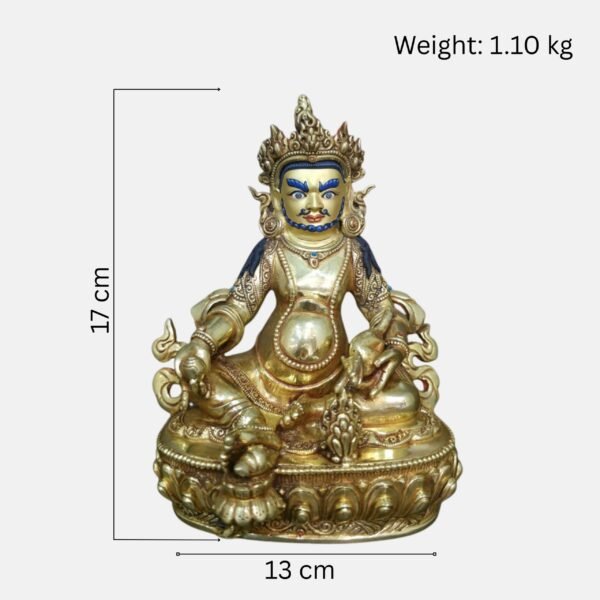 24K gold-plated Dzambhala (Jambhala/Zambala) statue, 17 cm tall, 13 cm base, 1.10 kg — handcrafted Buddhist wealth deity with blue facial highlights on an ornate lotus pedestal.
