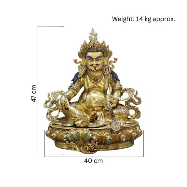 Dzambhala (Jambhala) statue—24K gold-plated copper, gold-powder painted face; 47×40 cm, ~14 kg; gemstone inlay with mongoose & wealth fruit.