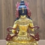 Back view of Vajrasattva (Dorje Sempa) statue, 24K gold-plated copper with engraved robes and ribbon forms, handcrafted in Nepal.