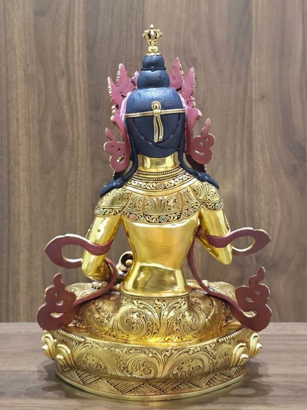 Back view of Vajrasattva (Dorje Sempa) statue, 24K gold-plated copper with engraved robes and ribbon forms, handcrafted in Nepal.