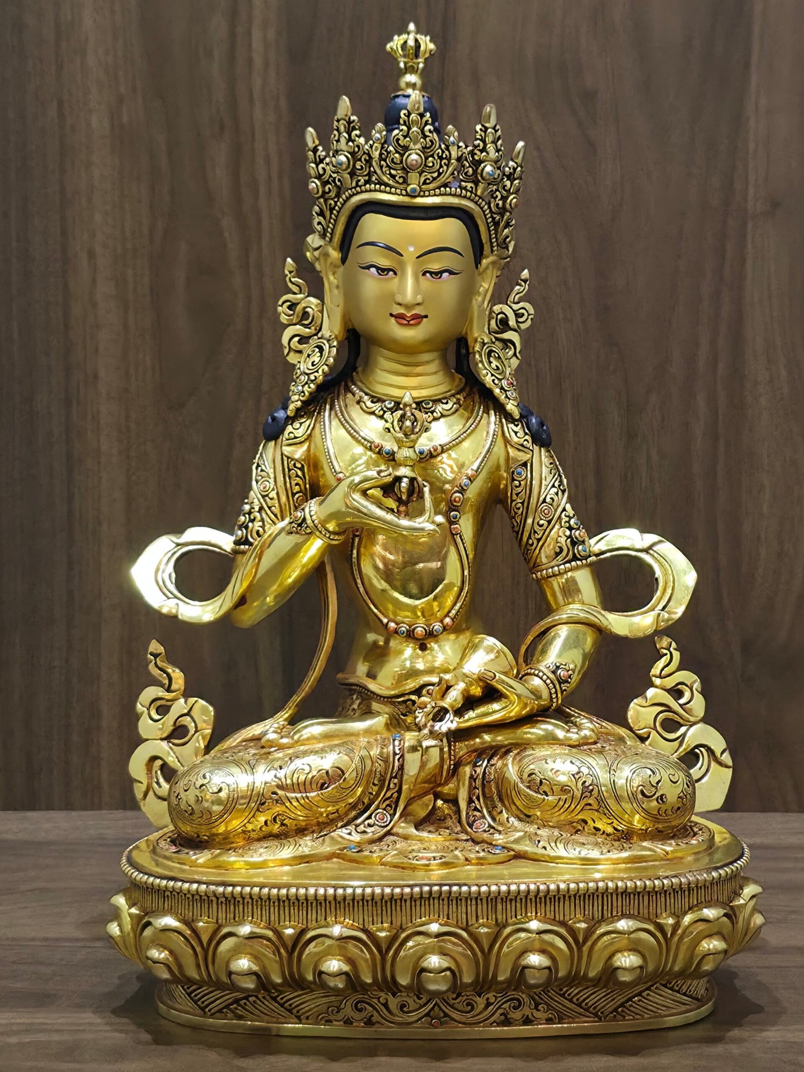 Front view of Vajrasattva (Dorje Sempa) statue, 24K gold-plated copper with gold-powder painted face, vajra at heart on lotus base, 36 cm tall.