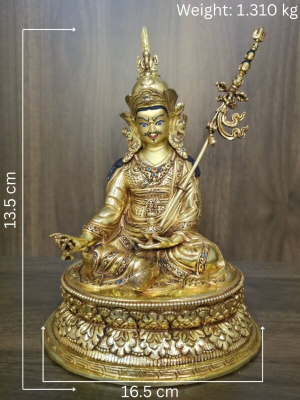 Guru Rinpoche statue with overlay showing 13.5 cm height, 16.5 cm width and 1.310 kg weight.