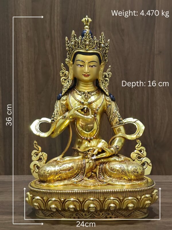 Vajrasattva (Dorje Sempa) statue—24K gold-plated copper, gold-powder face; annotated size H36 × W24 × D16 cm, weight 4.47 kg.