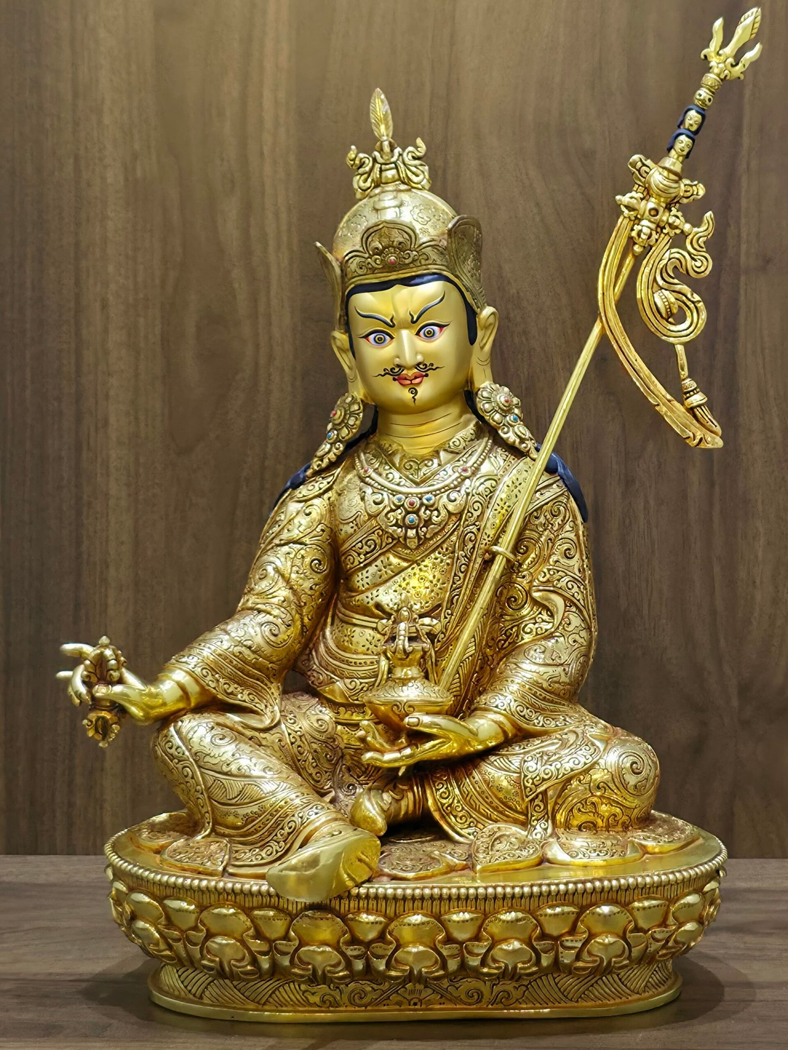 Large 36cm Guru Rinpoche statue front view, 24K gold plated Padmasambhava idol seated on lotus throne for Buddhist altar.