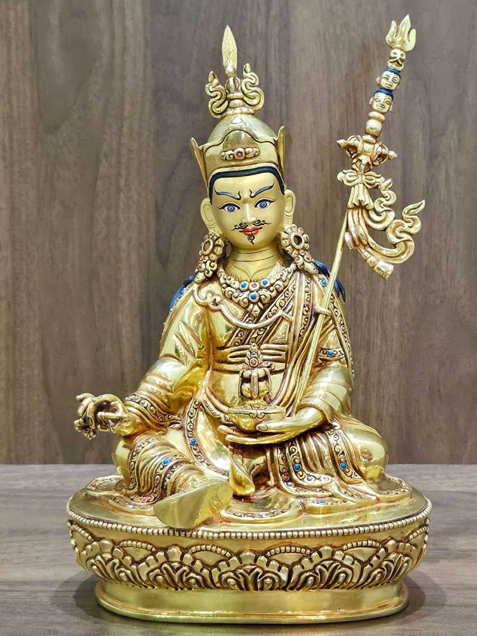 25cm gold plated Guru Rinpoche statue front view, Padmasambhava idol seated on lotus throne for Buddhist altar.