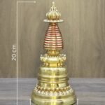 Tibetan Buddhist stupa (chorten) reliquary in gold plated copper with red accent rings, measurement overlay shows 20 cm height, 9 cm base, 880 g.